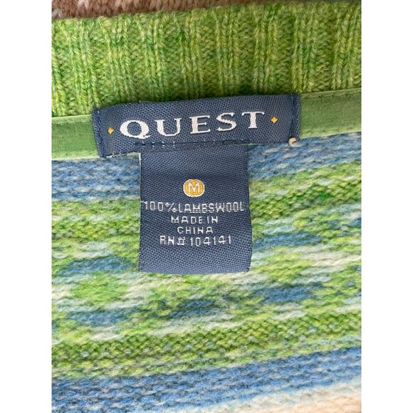Quest Women’s M Lambswool Sweater Green Blue Fair Isle Stripe Knit Pullover Cozy - Picture 3 of 7